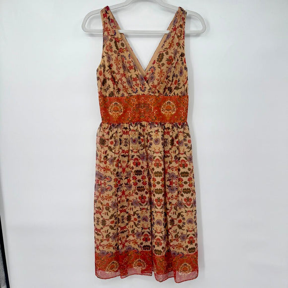women Maggy London V-Neck Silk Floral Sleeveless Tan Rust Green Dress 4