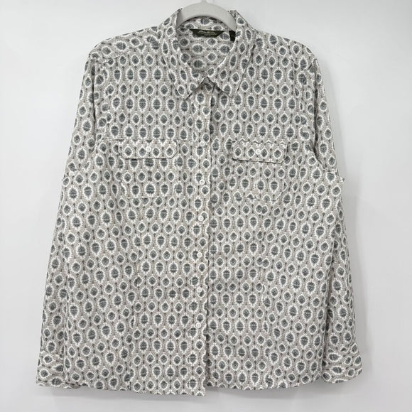 women Eddie Bauer Printed Button Front White Green Woven Top XL