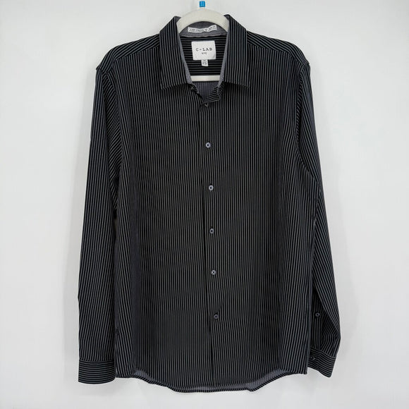 men C-Lab Pinstriped Dress Shirt Black White Woven Top L
