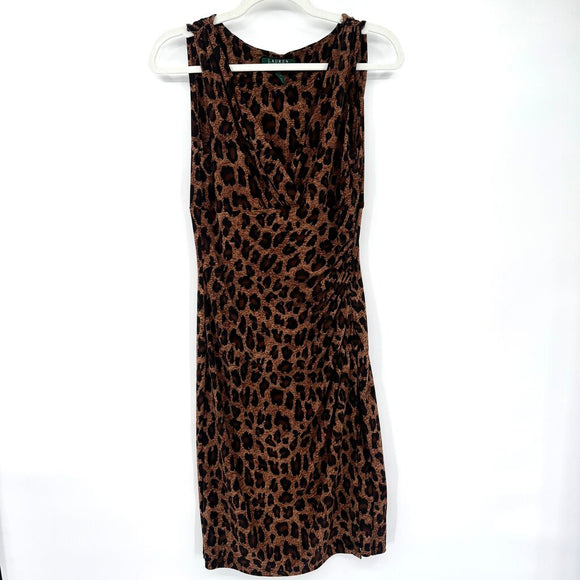 women Lauren Ralph Lauren Splice Front Ruched Leopard Print Brown Dress 8