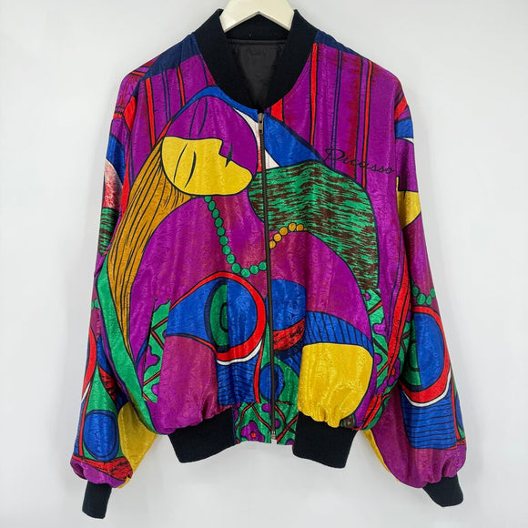 women Picasso Vintage 80s Satin Bomber Magenta Multi Jacket L