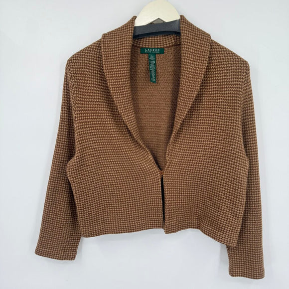 women Lauren Ralph Lauren Merino Blend Houndstooth Cardigan Brown Tan Sweater L