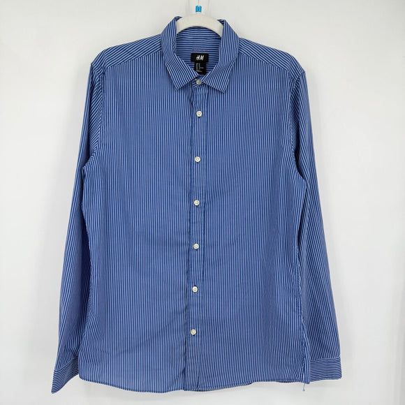 men H&M Striped Button Front Blue & White Woven Top M