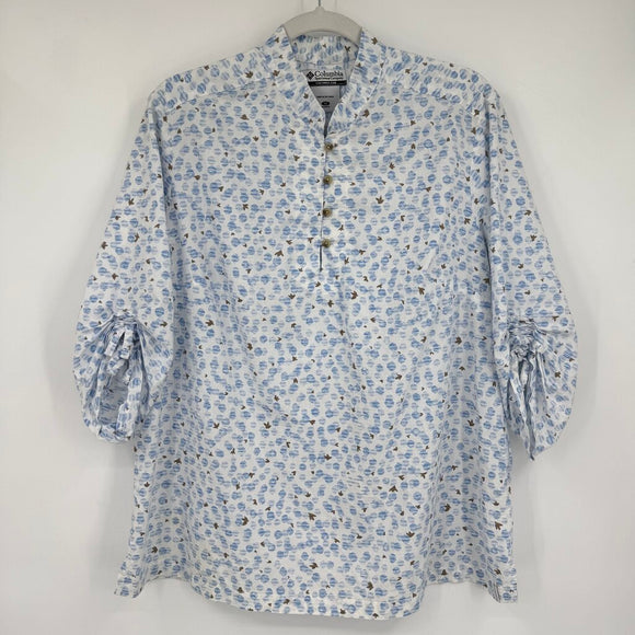 women Columbia Bird & Circle Print Seersucker White & Blue Woven Top XL