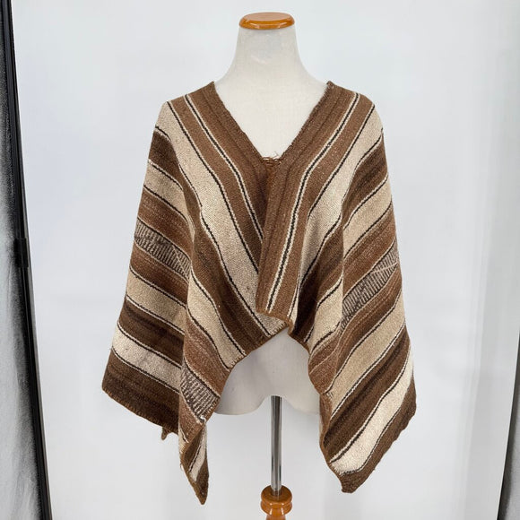 women Striped Wool Poncho Cream/Brown Sweater OS