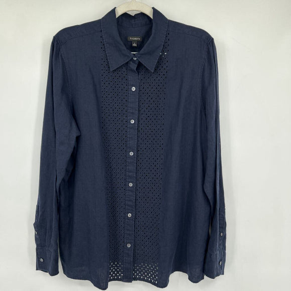 women Talbots Linen Eyelet Long Sleeve Button Front Navy Blue Woven Top L