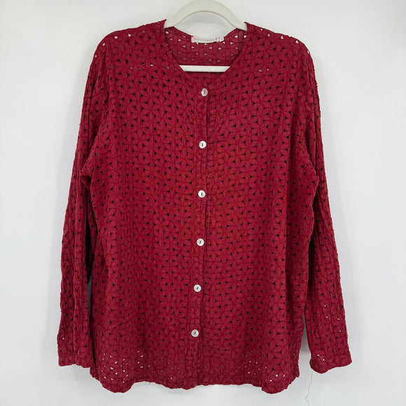 women Cut Loose Eyelet Linen Dark Red Woven Top M