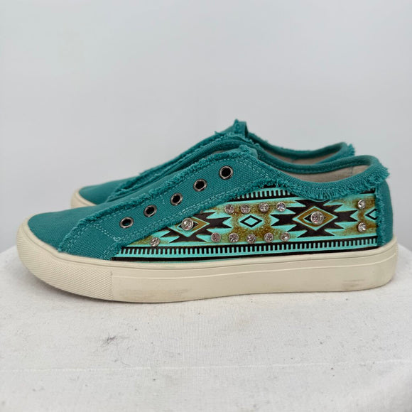 women Montana West Jeweled Tooled Canvas Sneakers Teal Shoes 7