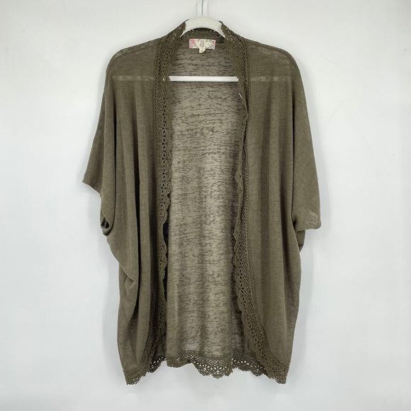 women Pink Rose Eyelet Lace Topper Olive Green Knit Top L