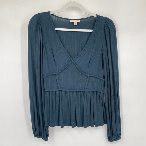 women Knox Rose Metallic Stripe Peplum Teal Woven Top XL