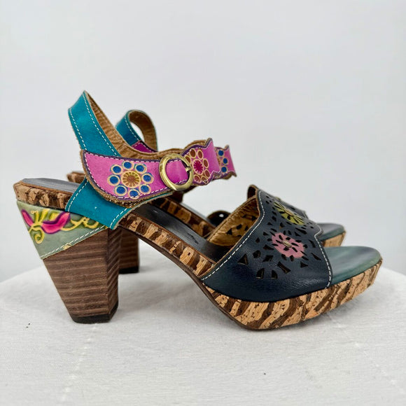 women Spring Step L'Artiste Dondi Leather Floral Sandal Pink/Teal/Multi Shoes 37/6.5