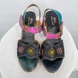 women Spring Step L'Artiste Dondi Leather Floral Sandal Pink/Teal/Multi Shoes 37/6.5