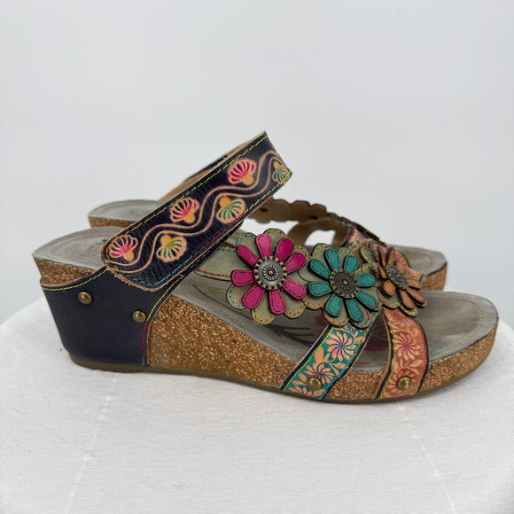 women Spring Step L'Artiste Delight Floral Leather Sandal Pink/Teal/Multi Shoes 39/8.5
