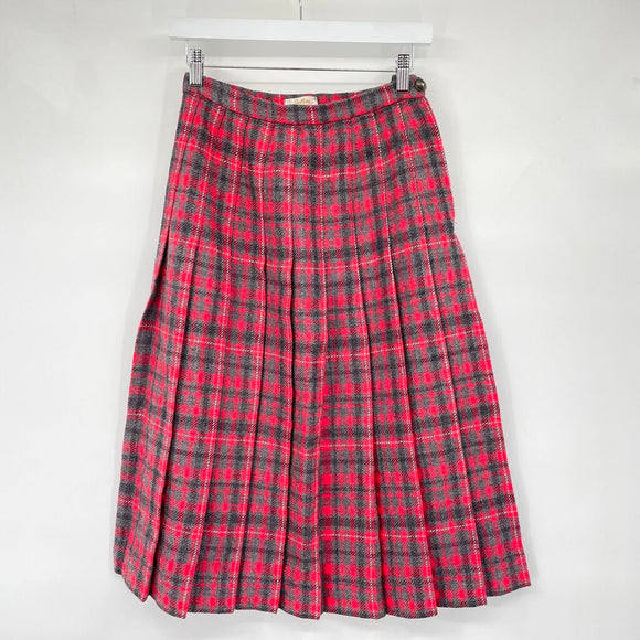 women Jantzen Vintage Wool Pleated Plaid Red Gray Skirt XS