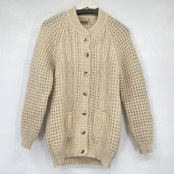 women Gaeltarra Vintage 100% Handloomed Knit Wool Cardigan Made in Ireland Cream Sweater M