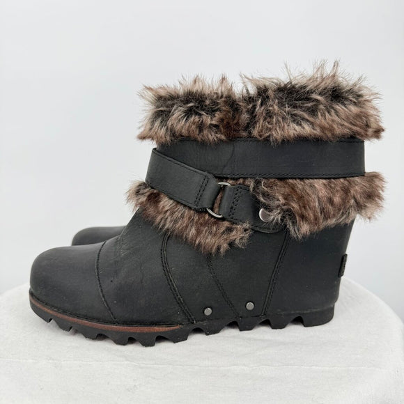 women Sorel Shearling Wedge Booties Black Brown Shoes 7