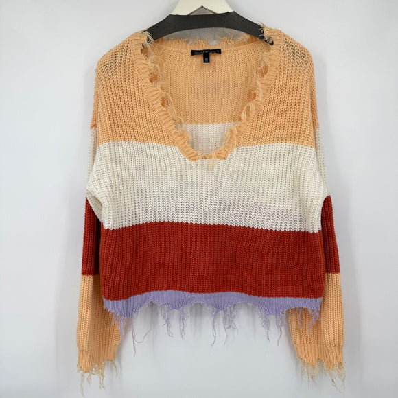 women Derek Heart Distressed Striped Orange Cream Sweater M