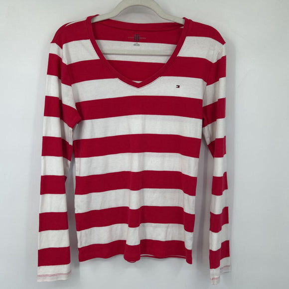 women Tommy Hilfiger Rugby Stripe V Neck Long Sleeve Tee Red & White Knit Top L