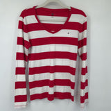 women Tommy Hilfiger Rugby Stripe V Neck Long Sleeve Tee Red & White Knit Top L