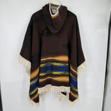 women Hooded Wool Fringe Poncho Brown Cream Sweater OS