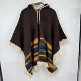 women Hooded Wool Fringe Poncho Brown Cream Sweater OS