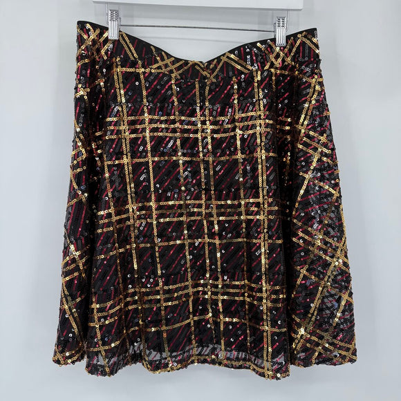 women Torrid NWT Sequined Flare Black Gold Red Skirt 0/L