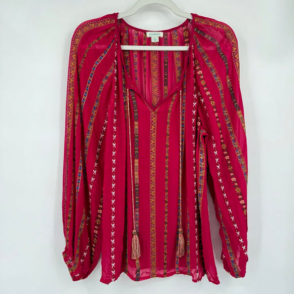 women Sundance MSRP $168 Embroidered Treasurable Tunic Ruby Red Woven Top L
