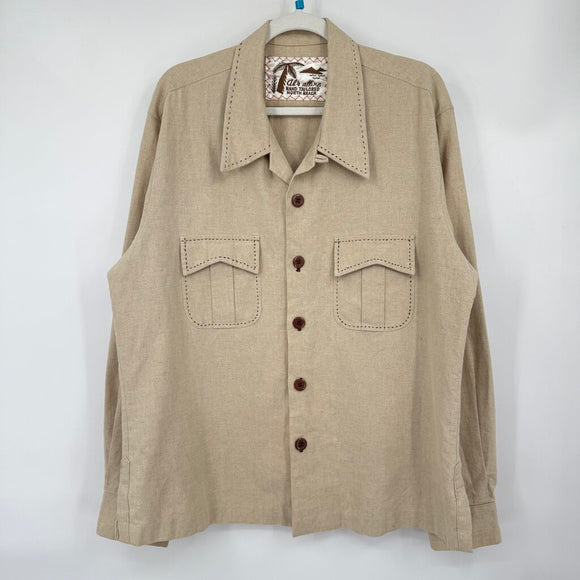 men Al's Attire Top Stitched Linen Safari Khaki Woven Top L