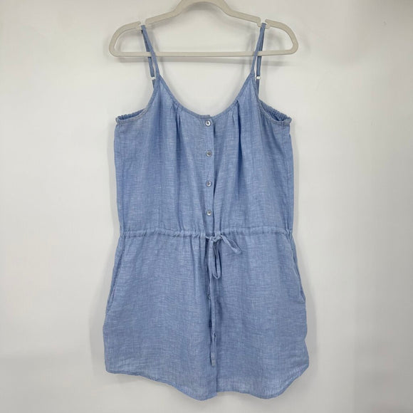 women Lands End Linen Button Front Mini Sundress Blue Dress 10-12