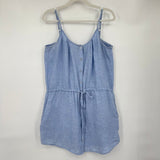 women Lands End Linen Button Front Mini Sundress Blue Dress 10-12