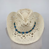 women Q Headwear Open Weave Straw with Blue/Silver/Black Beaded Trim White Hat