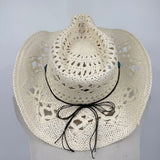 women Q Headwear Open Weave Straw with Blue/Silver/Black Beaded Trim White Hat