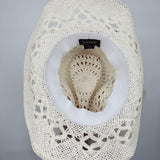 women Q Headwear Open Weave Straw with Blue/Silver/Black Beaded Trim White Hat