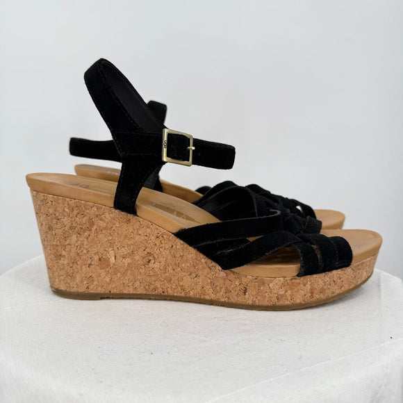 women Ugg Suede Wedge Sandals Black Shoes 10