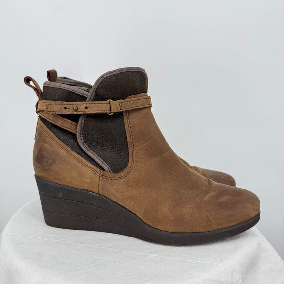 women Ugg Emalie Wedge Leather Boots Brown Shoes 12