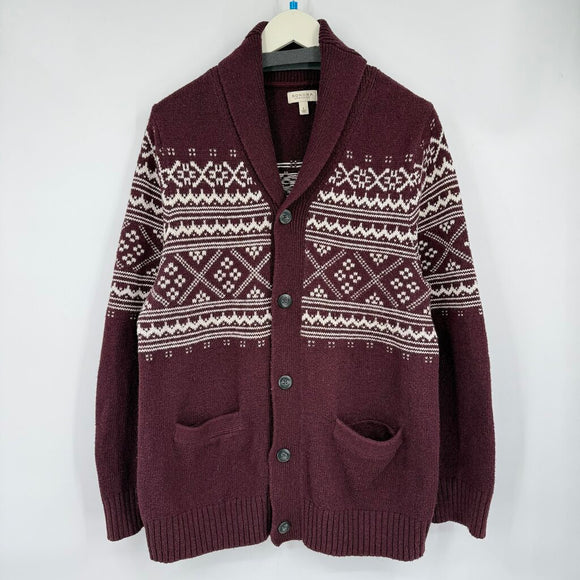men Sonoma Fair Isle Shawl Collar Cardigan Maroon White Sweater L