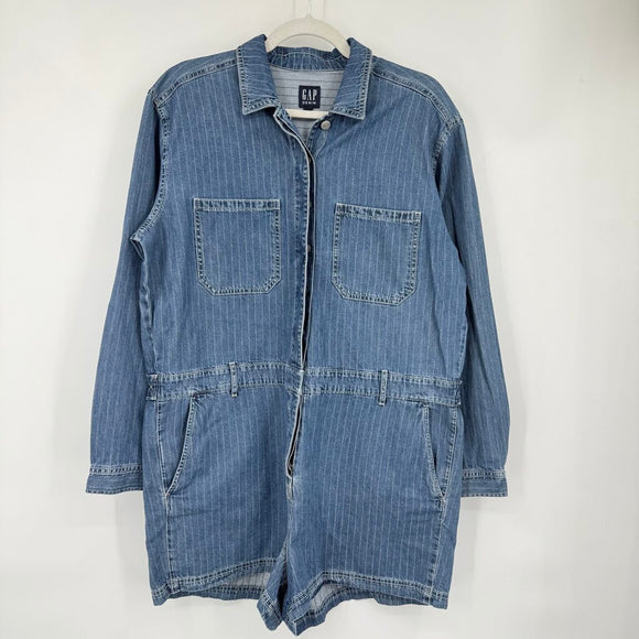 women Gap NWT Long Sleeve Utility Romper Blue Pintstripe Jumpsuit/Romper 16