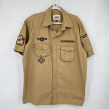 men Drunknmunky Patch and Pocket Button Front Khaki Multi Woven Top XL