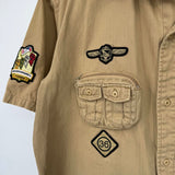 men Drunknmunky Patch and Pocket Button Front Khaki Multi Woven Top XL