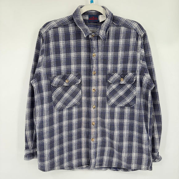 men Dakota Plaid Flannel Blue Gray Woven Top L