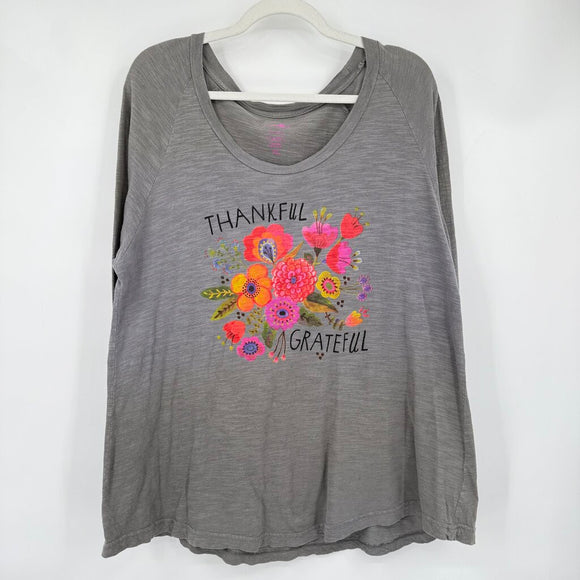 women Natural Life Thankful Grateful Floral Long Sleeve Gray Pink Orange Knit Top XL