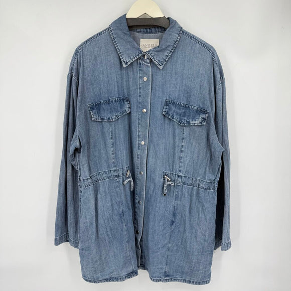 women Angels Forever Young Chambray Cinch Waist Overcoat Blue Jacket L