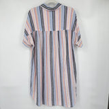women Ecothreads Linen Striped Shirt Dress Blue Coral Purple Black White Dress L