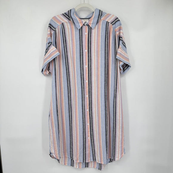 women Ecothreads Linen Striped Shirt Dress Blue Coral Purple Black White Dress L