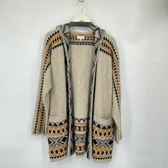 women Lucky Brand Aztec Open Cardigan Tan Yellow Black Sweater L