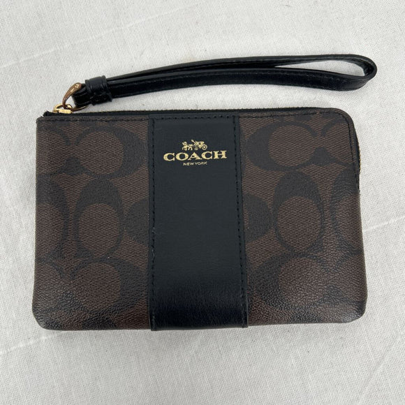 women Coach Mini Wristlet Card Pouch Brown Black Purse 6