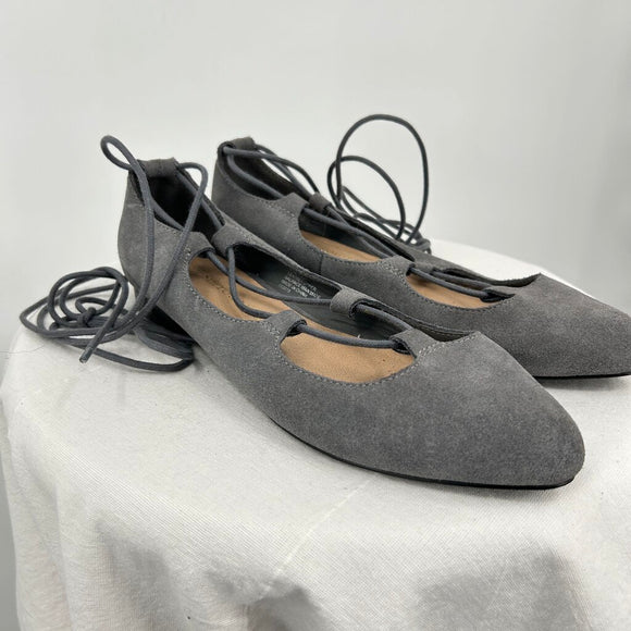 women Soft Surroundings Anna Lace Up Suede Ballet Flats Gray Shoes 7.5