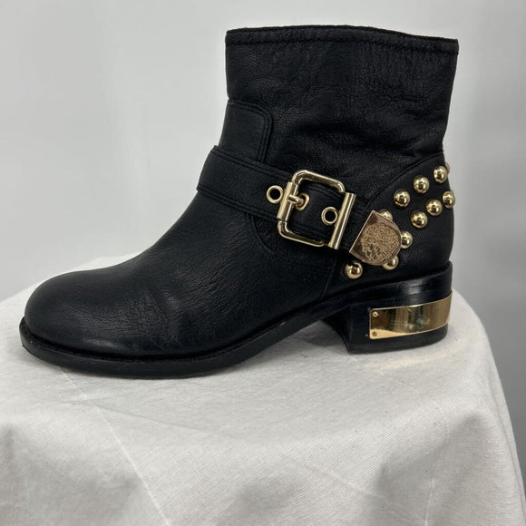 women Vince Camuto Windetta Leather Moto Boots Black Gold Shoes 7.5