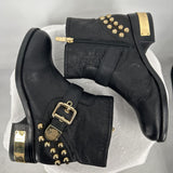 women Vince Camuto Windetta Leather Moto Boots Black Gold Shoes 7.5