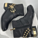 women Vince Camuto Windetta Leather Moto Boots Black Gold Shoes 7.5